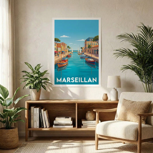 Poster souvenir de la ville de Marseillan avec une illustration stylisée de son port.