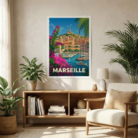 Poster souvenir de la ville de Marseille avec une illustration stylisée et colorée du Vieux-Port.