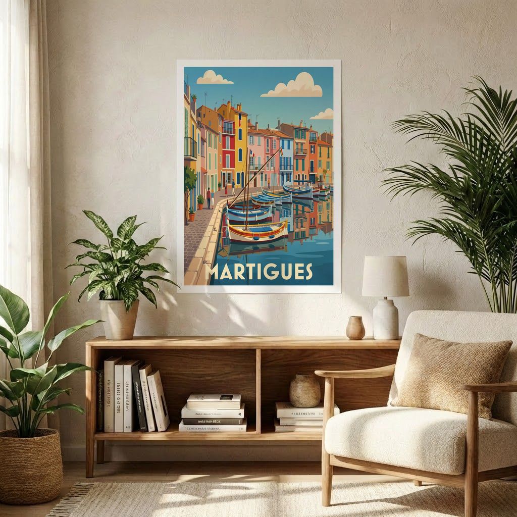 Affiche souvenir de la ville de Martigues avec une illustration stylisée et colorée de son canal et de ses bateaux.