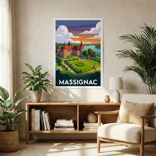 Affiche souvenir de la ville de Massignac avec une illustration stylisée de son château et de ses jardins.