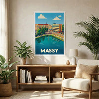 Poster souvenir de la ville de Massy avec une illustration stylisée d'un paysage urbain au bord de l'eau.