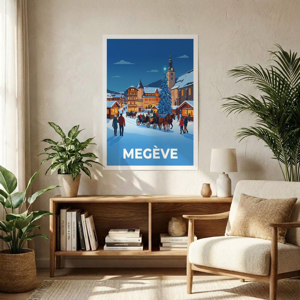 Poster souvenir de la ville de Megève avec une illustration stylisée d'une scène hivernale.