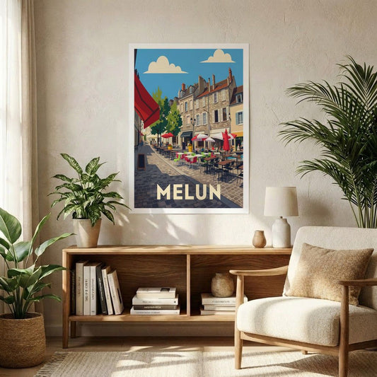 Poster souvenir de la ville de Melun avec une illustration stylisée d'une rue pavée bordée de terrasses.