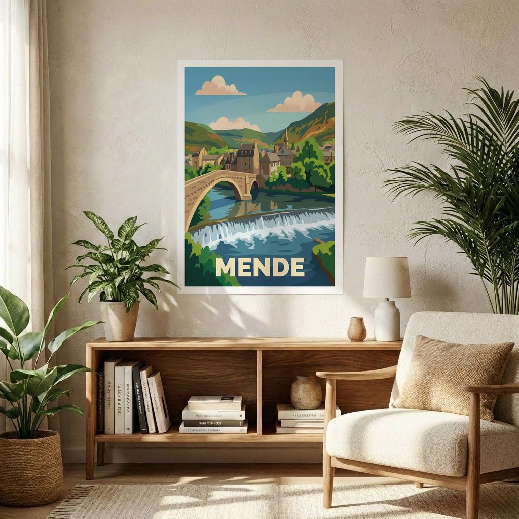 Poster souvenir de la ville de Mende avec une illustration stylisée.
