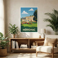 Poster souvenir de la ville de Mérignac avec une illustration stylisée d'un bâtiment historique et de ses jardins.