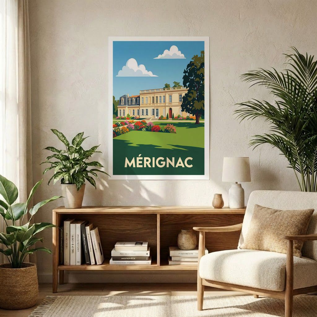 Poster souvenir de la ville de Mérignac avec une illustration stylisée d'un bâtiment historique et de ses jardins.