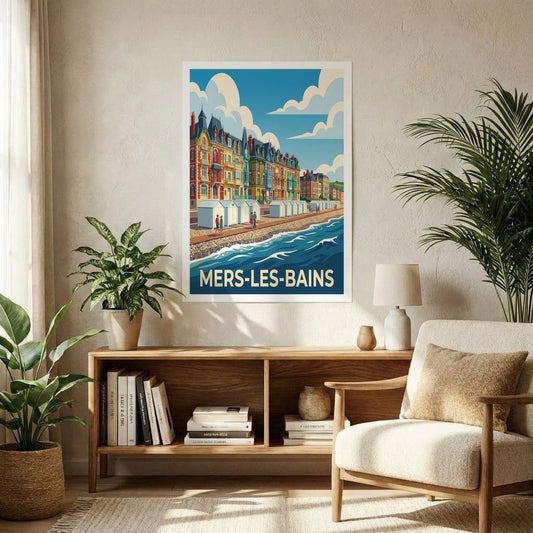 Poster souvenir de la ville de Mers-les-Bains avec une illustration stylisée de son front de mer et de ses villas colorées.