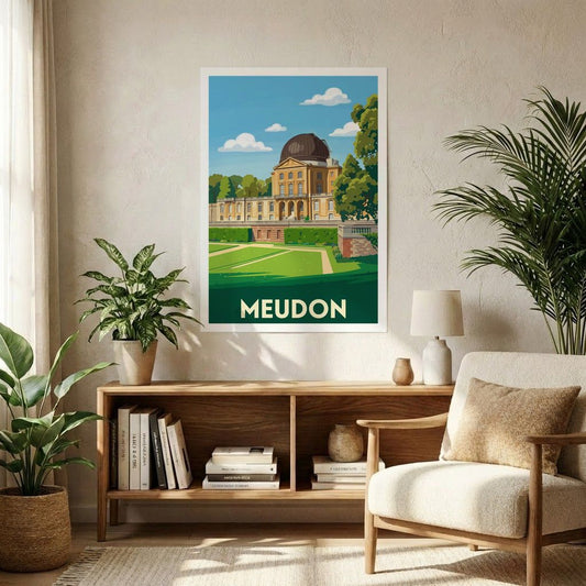 Affiche souvenir de la ville de Meudon avec une illustration stylisée de son observatoire.
