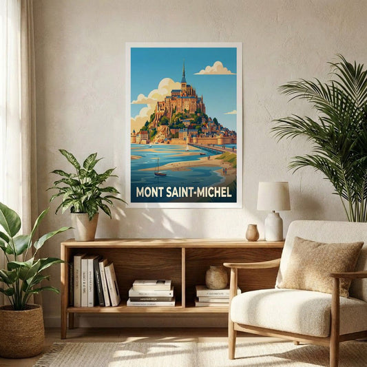 Poster souvenir de la ville de Mont Saint-Michel avec une illustration stylisée.