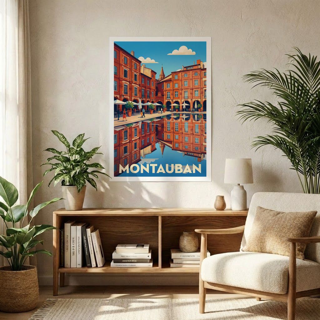 Affiche souvenir de la ville de Montauban avec une illustration stylisée.
