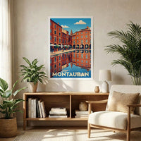 Affiche souvenir de la ville de Montauban avec une illustration stylisée.