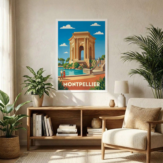 Poster souvenir de la ville de Montpellier avec une illustration stylisée.