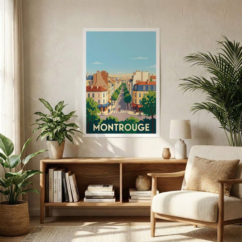 Poster souvenir de la ville de Montrouge avec une illustration stylisée.