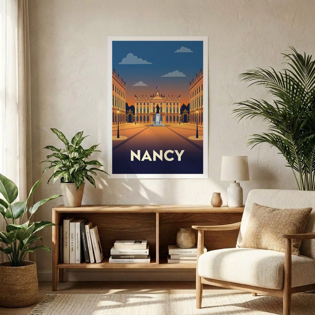 Poster souvenir de la ville de Nancy avec une illustration graphique et stylisée de la place Stanislas au crépuscule.