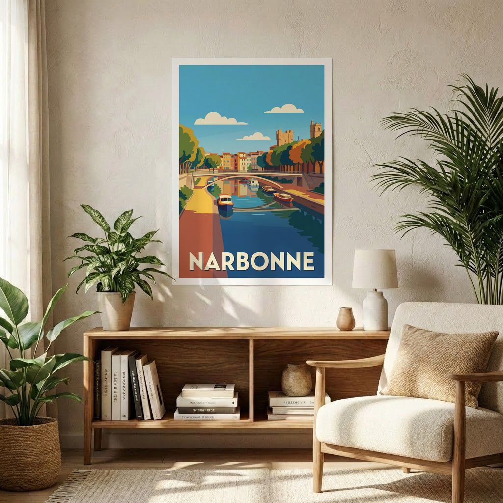 Poster souvenir de la ville de Narbonne avec une illustration stylisée de son canal et de son architecture historique.