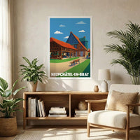 Affiche souvenir de la ville de Neufchâtel-en-Bray avec une illustration stylisée de son architecture traditionnelle.