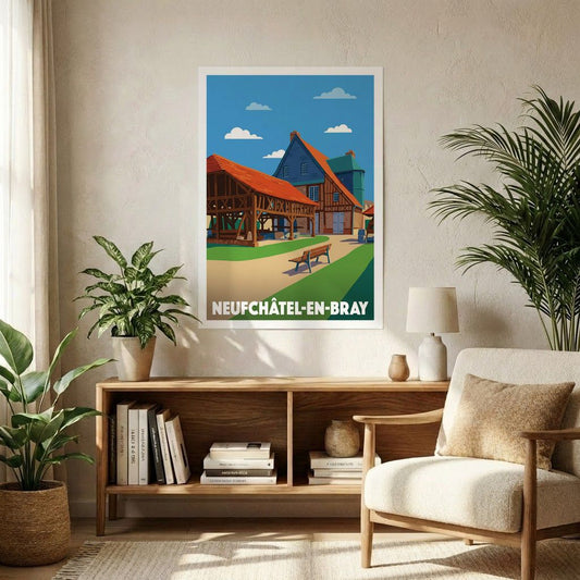 Affiche souvenir de la ville de Neufchâtel-en-Bray avec une illustration stylisée de son architecture traditionnelle.