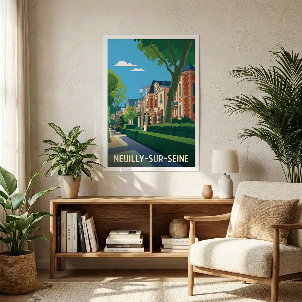 Poster souvenir de la ville de Neuilly-sur-Seine avec une illustration stylisée.