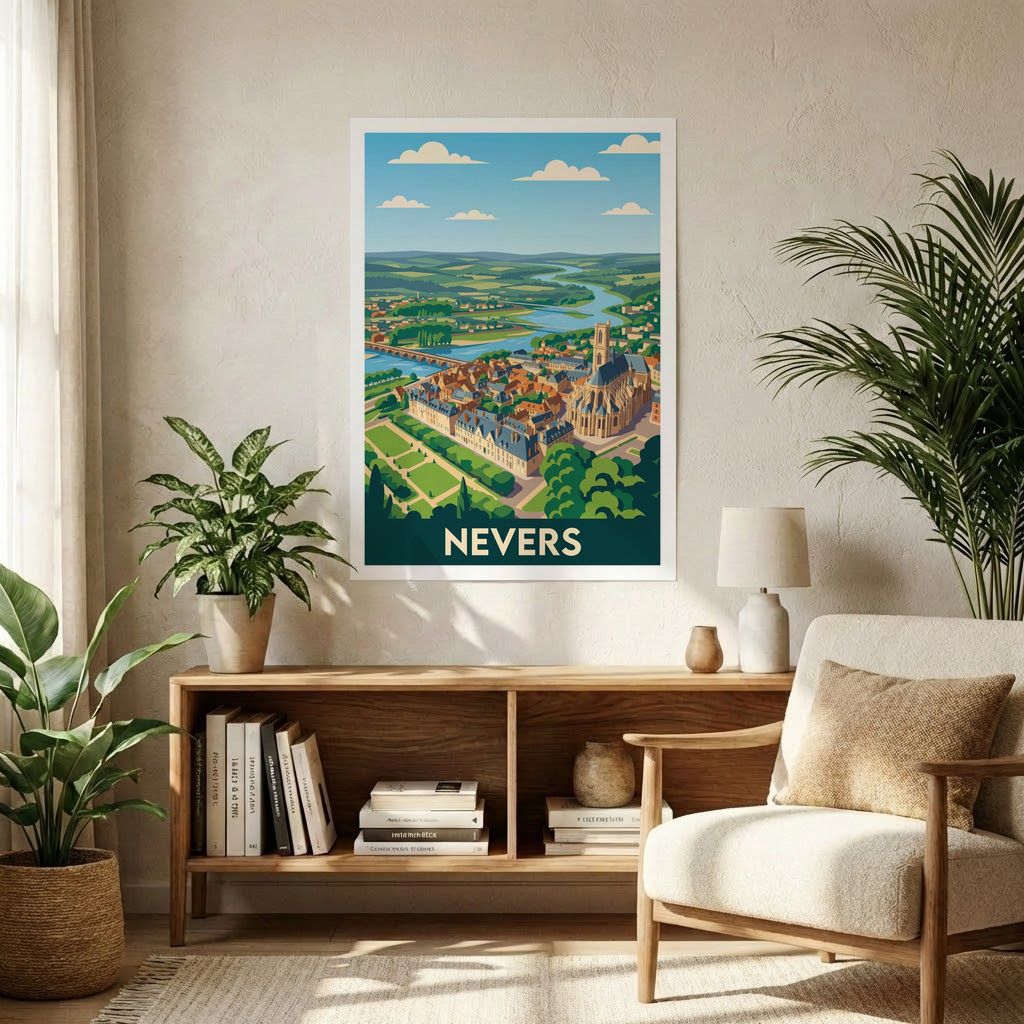Poster souvenir de la ville de Nevers avec une illustration stylisée.