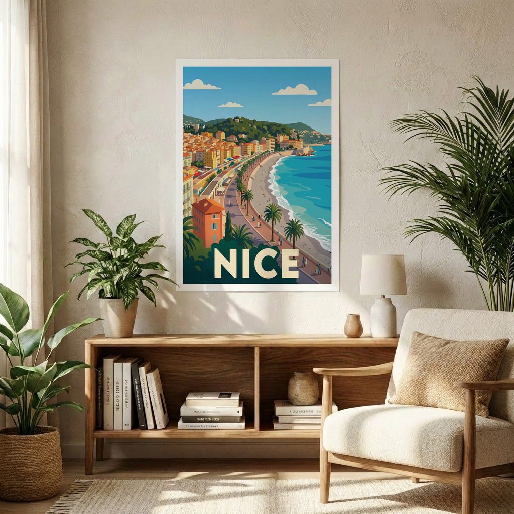 Poster souvenir de la ville de Nice avec une illustration stylisée du front de mer.