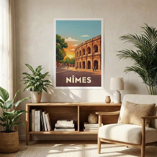 Poster souvenir de la ville de Nîmes avec une illustration stylisée de ses arènes au coucher du soleil.