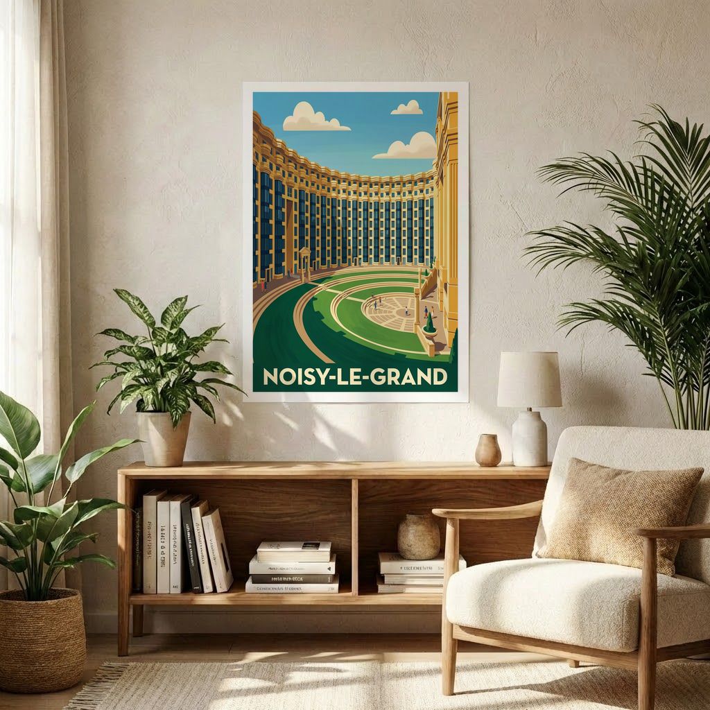 Affiche souvenir de la ville de Noisy-le-Grand avec une illustration architecturale stylisée.