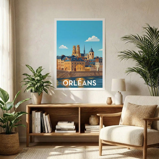 Poster souvenir de la ville d'Orléans avec une illustration stylisée de son architecture historique.