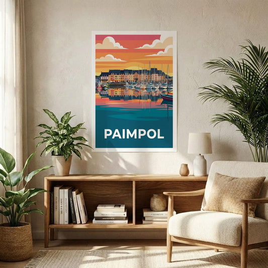Poster souvenir de la ville de Paimpol avec une illustration stylisée de son port au coucher du soleil.