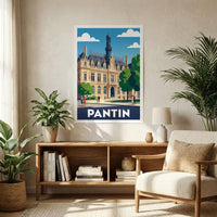 Poster souvenir de la ville de Pantin avec une illustration stylisée de son hôtel de ville.