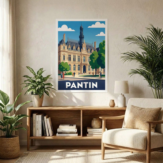 Poster souvenir de la ville de Pantin avec une illustration stylisée de son hôtel de ville.