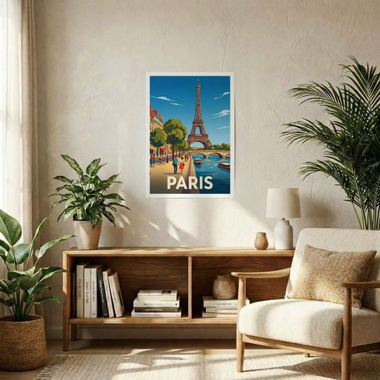 Affiche souvenir de la ville de Paris avec une illustration stylisée de la tour Eiffel.