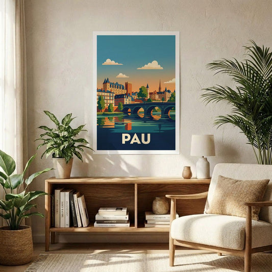 Poster souvenir de la ville de Pau avec une illustration graphique stylisée de son paysage urbain.