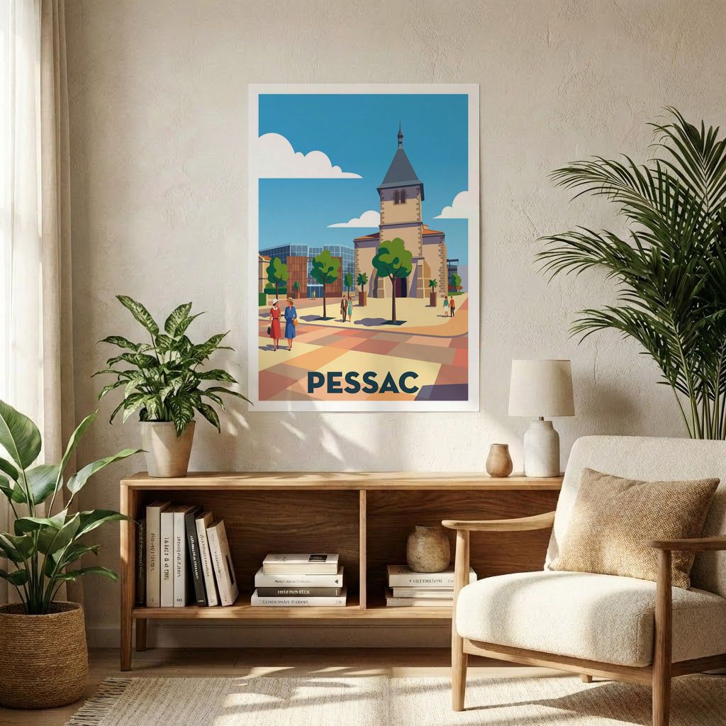 Affiche souvenir de la ville de Pessac avec une illustration stylisée de sa place centrale.