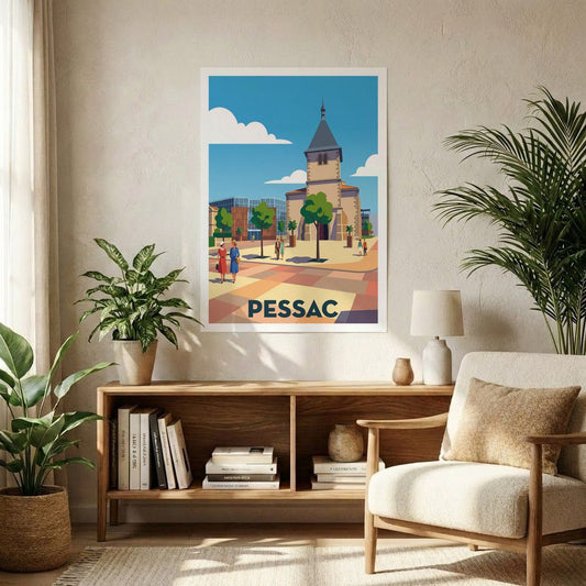 Affiche souvenir de la ville de Pessac avec une illustration stylisée de sa place centrale.
