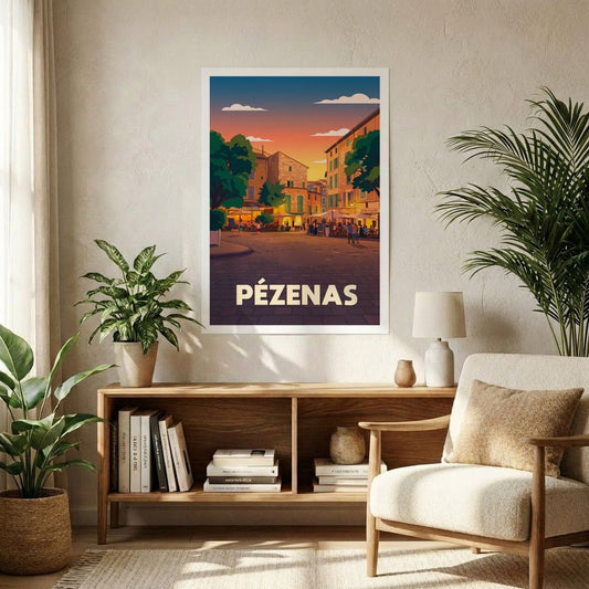 Affiche souvenir de la ville de Pézenas avec une illustration stylisée d'une place animée au crépuscule.