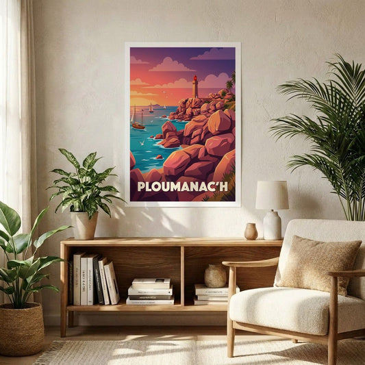 Affiche souvenir de la ville de Ploumanac'h avec une illustration stylisée de son phare et de ses célèbres rochers de granit rose.
