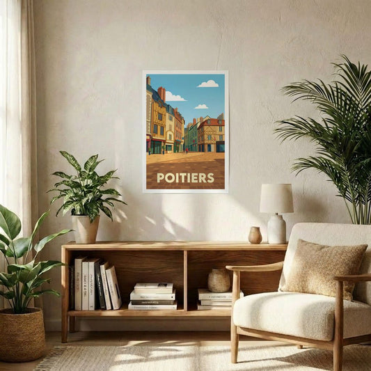 Poster souvenir de la ville de Poitiers avec une illustration stylisée de ses maisons à colombages.