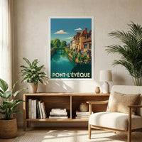 Poster souvenir de la ville de Pont-l'Évêque avec une illustration stylisée d'un canal fleuri.