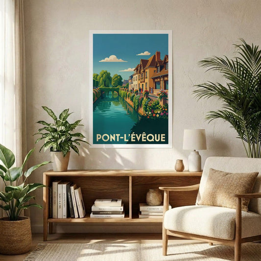 Poster souvenir de la ville de Pont-l'Évêque avec une illustration stylisée d'un canal fleuri.