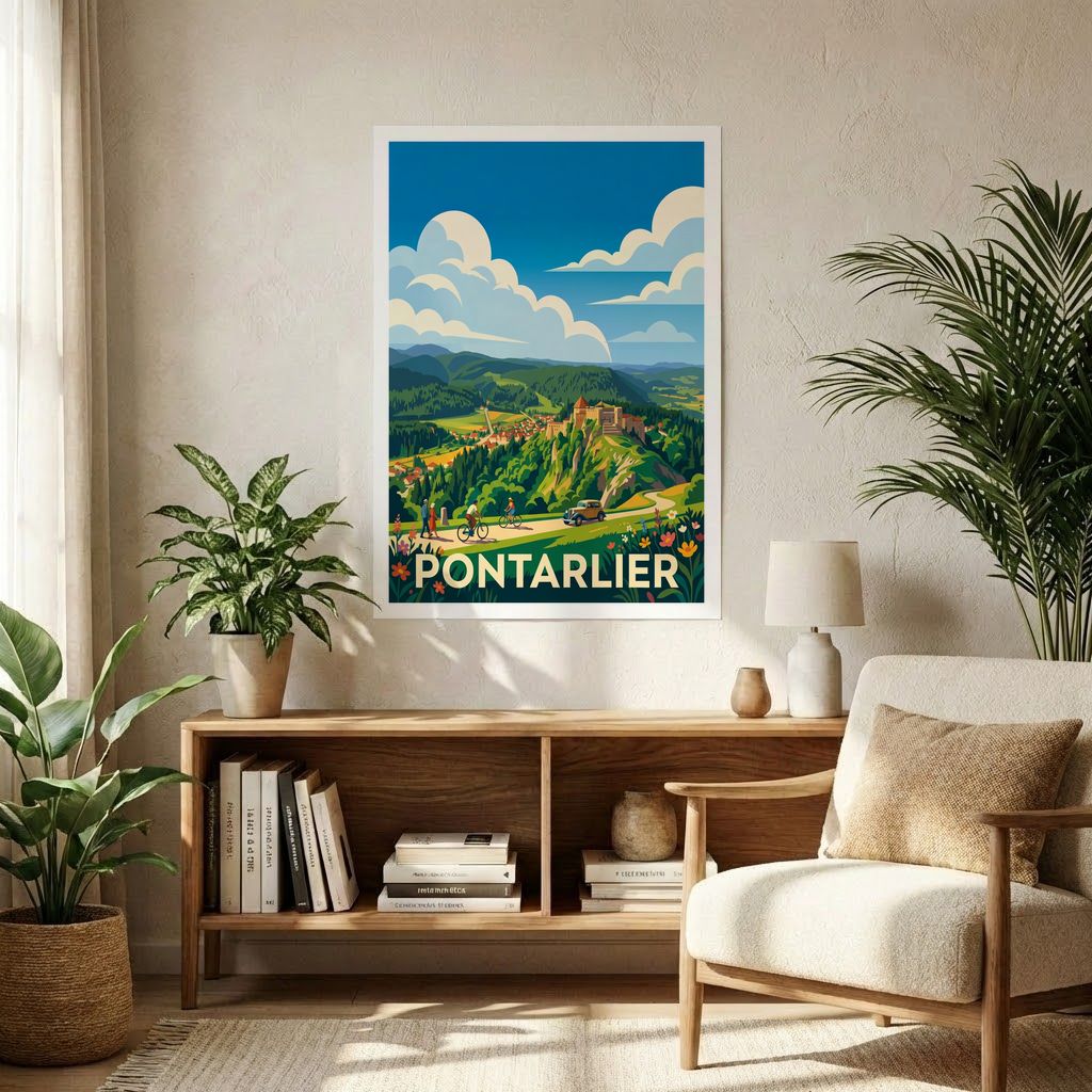 Poster A1 souvenir de la ville de Pontarlier avec une illustration paysagère stylisée.