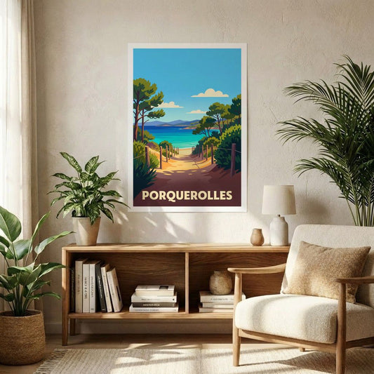 Poster souvenir de la ville de Porquerolles avec une illustration stylisée d'un sentier menant à la mer.