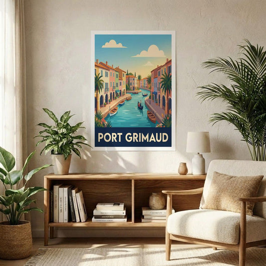 Affiche souvenir de la ville de Port Grimaud avec une illustration stylisée.