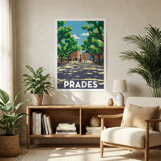 Affiche souvenir de la ville de Prades avec une illustration stylisée d'une place arborée.