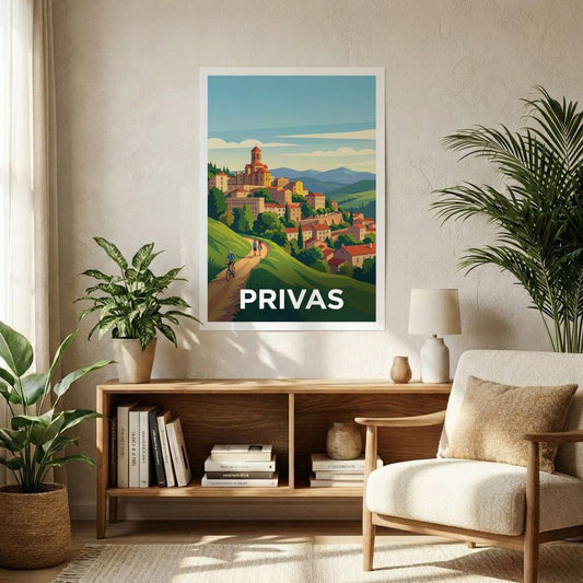 Poster souvenir de la ville de Privas avec une illustration stylisée.