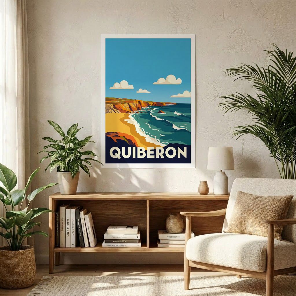Affiche souvenir de la ville de Quiberon avec une illustration stylisée.