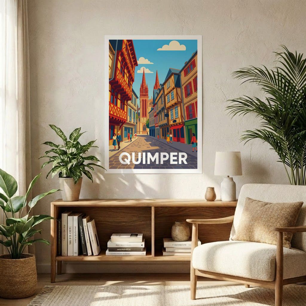 Affiche souvenir de la ville de Quimper avec une illustration stylisée.