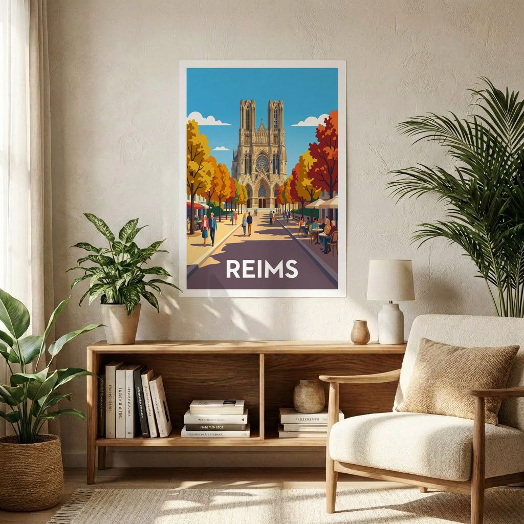 Poster souvenir de la ville de Reims avec une illustration stylisée de sa cathédrale et d'une rue animée.