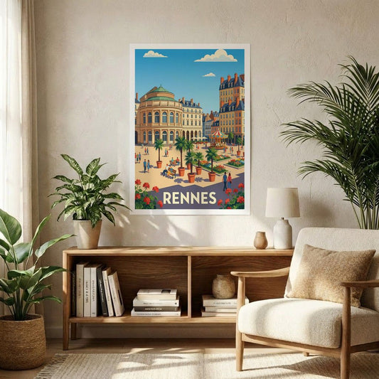 Poster souvenir de la ville de Rennes avec une illustration stylisée de la place de la Mairie.