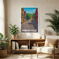Poster souvenir de la ville de Ribeauvillé avec une illustration stylisée d'une rue pittoresque.