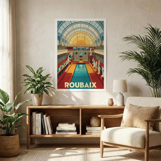 Poster souvenir de la ville de Roubaix avec une illustration stylisée de La Piscine.